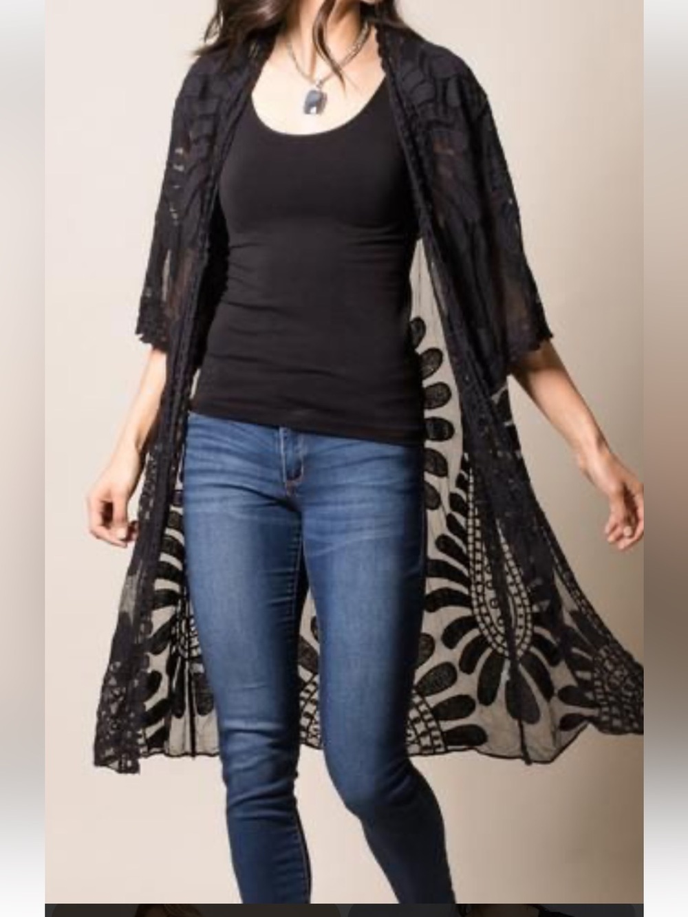 Sivana  Black Lace Floral Duster Coverup - Lightweight Kimono one size fit most